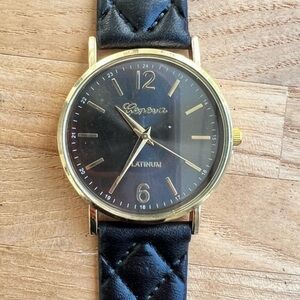 Geneva platinum ladies black dial gold tone fashion watch NEW BATTERY